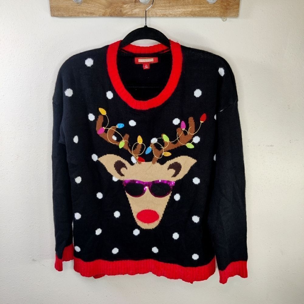 🎅Cute Ugly Christmas Sweater Reindeer in Sunglasses Sz XL String Lights